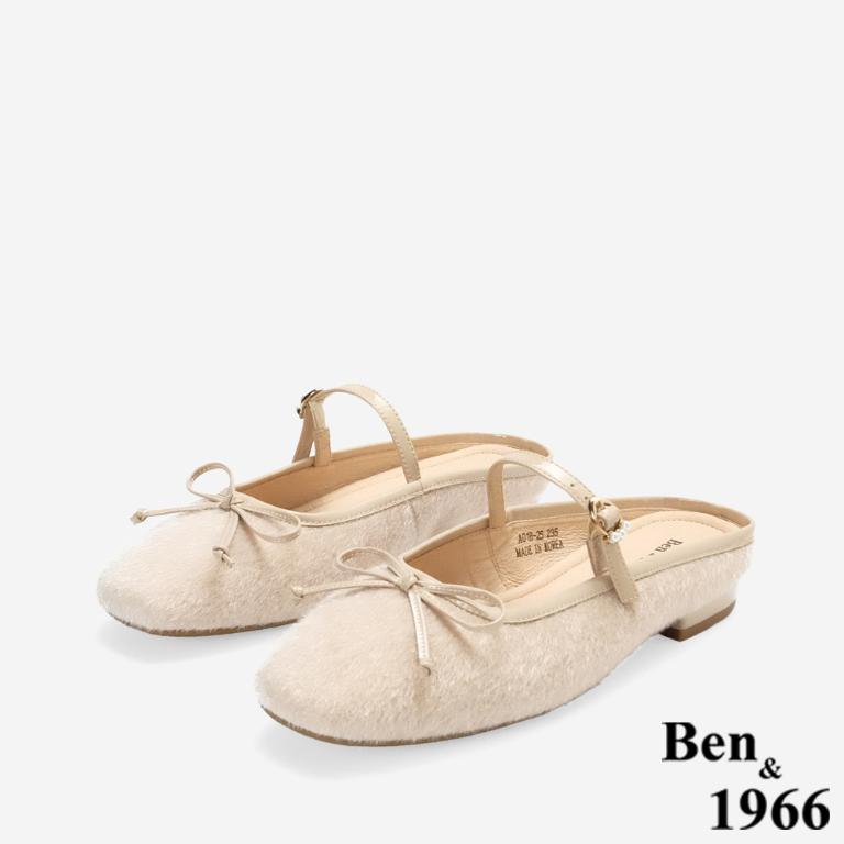 Ben&1966高級馬毛牛皮氣質蝴蝶結方頭穆勒拖-淺粉(256442)