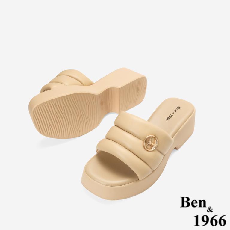 Ben&1966高級柔軟羊皮簡約厚底拖鞋-杏(256061)