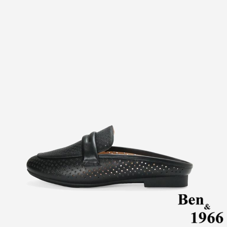 Ben&1966高級頭層牛皮洞洞透氣穆勒拖-黑(256351)