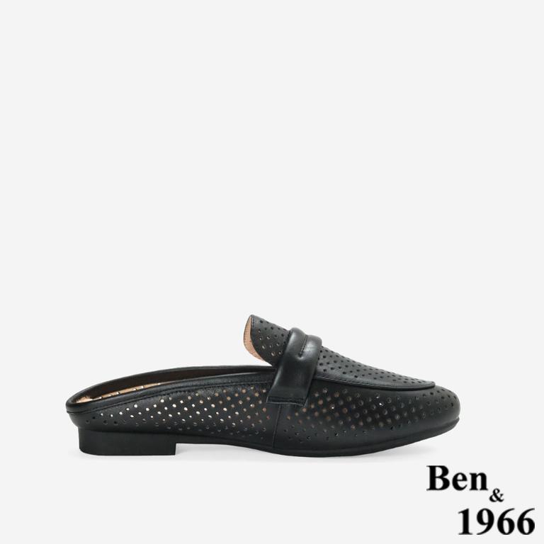 Ben&1966高級頭層牛皮洞洞透氣穆勒拖-黑(256351)