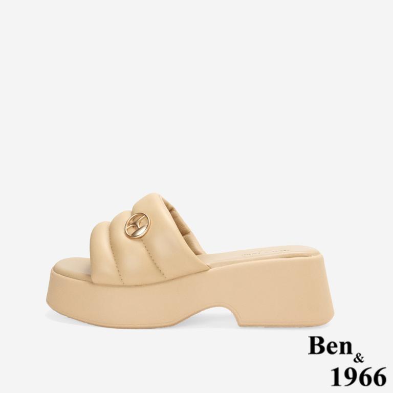 Ben&1966高級柔軟羊皮簡約厚底拖鞋-杏(256061)