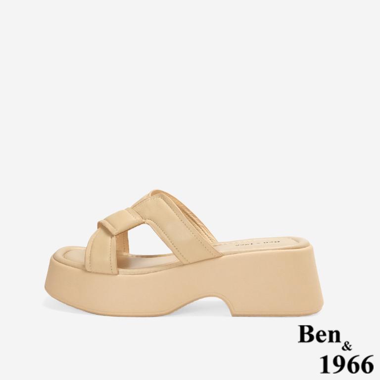 Ben&1966高級柔軟羊皮編織感厚底拖鞋-杏(256071)