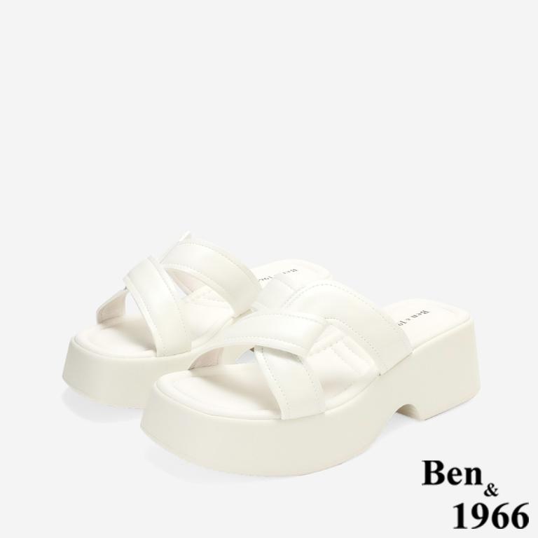 Ben&1966高級柔軟羊皮編織感厚底拖鞋-米白(256072)