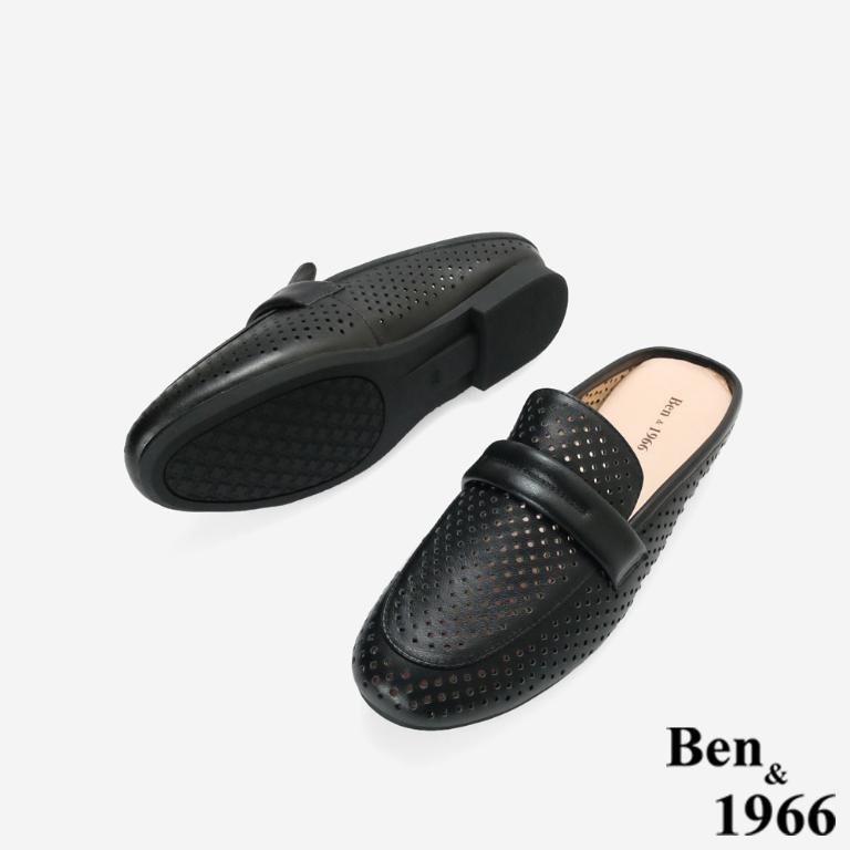 Ben&1966高級頭層牛皮洞洞透氣穆勒拖-黑(256351)