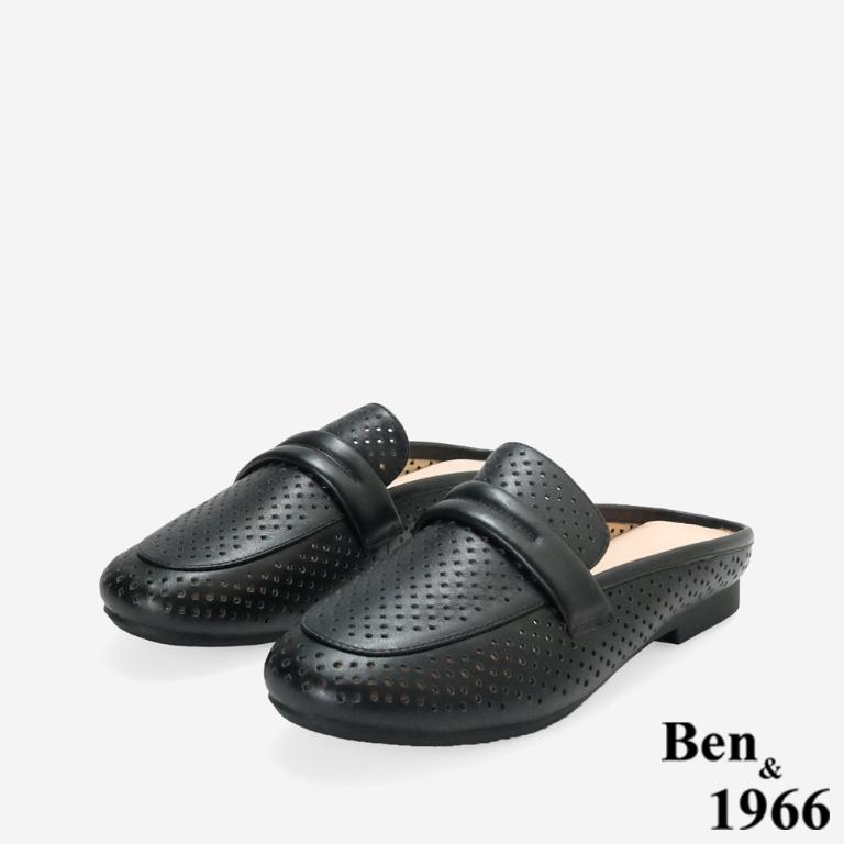Ben&1966高級頭層牛皮洞洞透氣穆勒拖-黑(256351)
