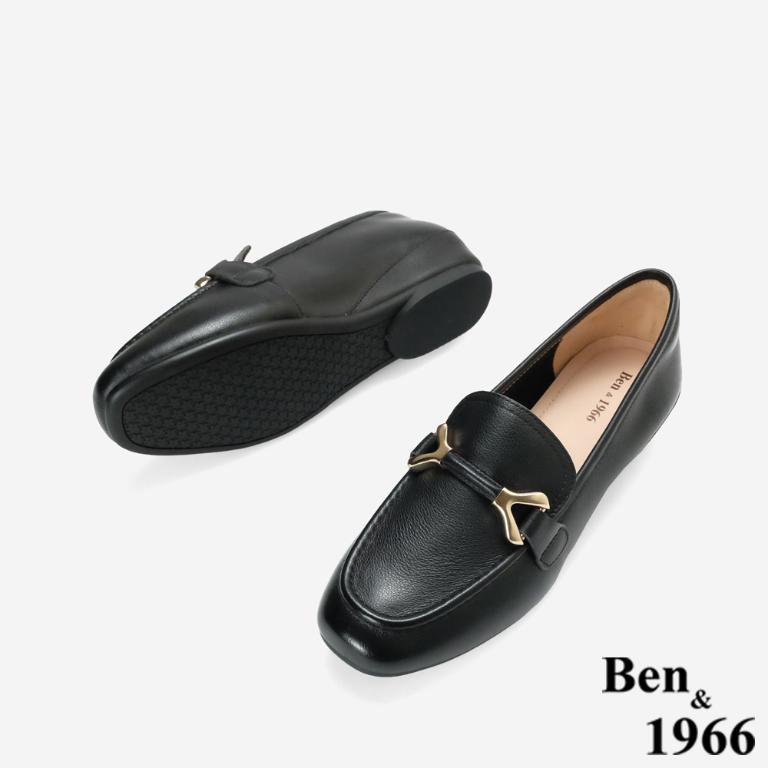 Ben&1966高級頭層牛皮舒適百搭增高樂福鞋-黑(256361)