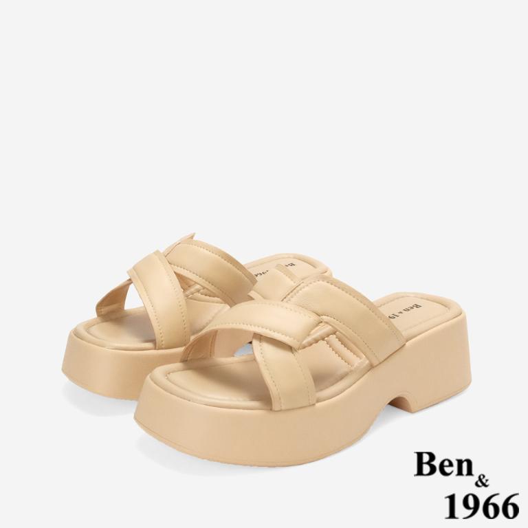 Ben&1966高級柔軟羊皮編織感厚底拖鞋-杏(256071)