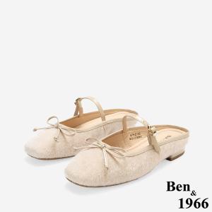 Ben&1966高級馬毛牛皮氣質蝴蝶結方頭穆勒拖-淺粉(256442)