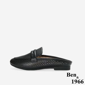 Ben&1966高級頭層牛皮洞洞透氣穆勒拖-黑(256351)