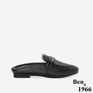 Ben&1966高級頭層牛皮洞洞透氣穆勒拖-黑(256351)