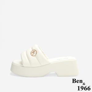 Ben&1966高級柔軟羊皮簡約厚底拖鞋-米白(256062)
