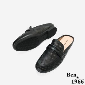 Ben&1966高級頭層牛皮洞洞透氣穆勒拖-黑(256351)