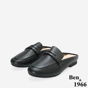 Ben&1966高級頭層牛皮洞洞透氣穆勒拖-黑(256351)
