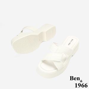 Ben&1966高級柔軟羊皮編織感厚底拖鞋-米白(256072)