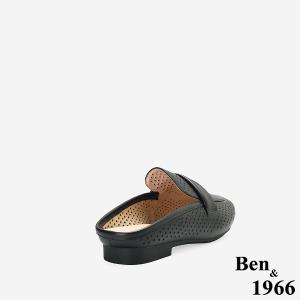 Ben&1966高級頭層牛皮洞洞透氣穆勒拖-黑(256351)