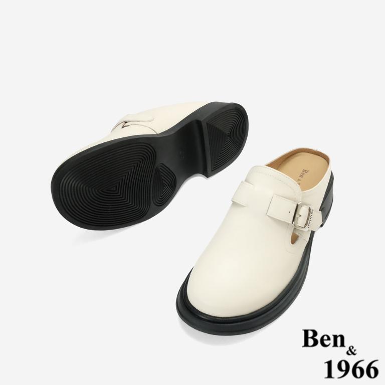 Ben&1966高級頭層牛皮簡約個性穆勒拖-米白(256482)