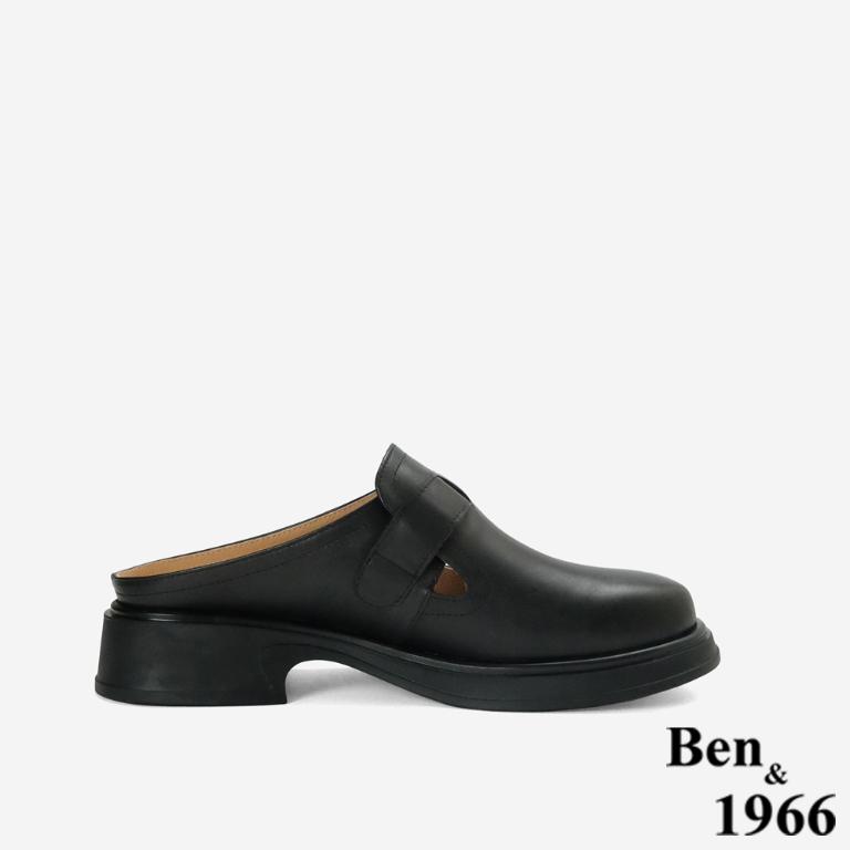 Ben&1966高級頭層牛皮簡約個性穆勒拖-黑(256481)