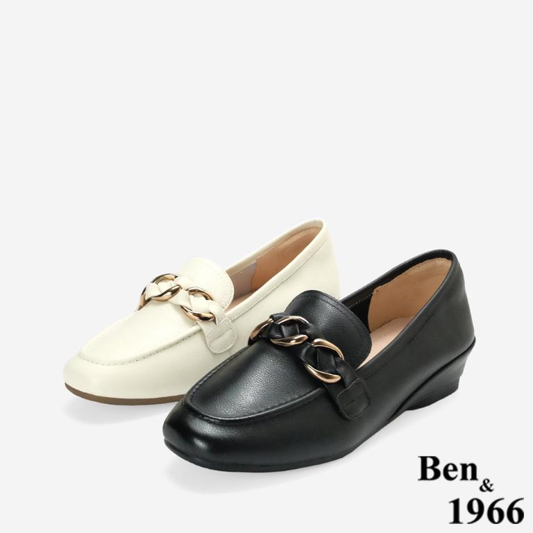 Ben&1966高級頭層牛皮金屬釦飾百搭增高樂福鞋-黑(256371)