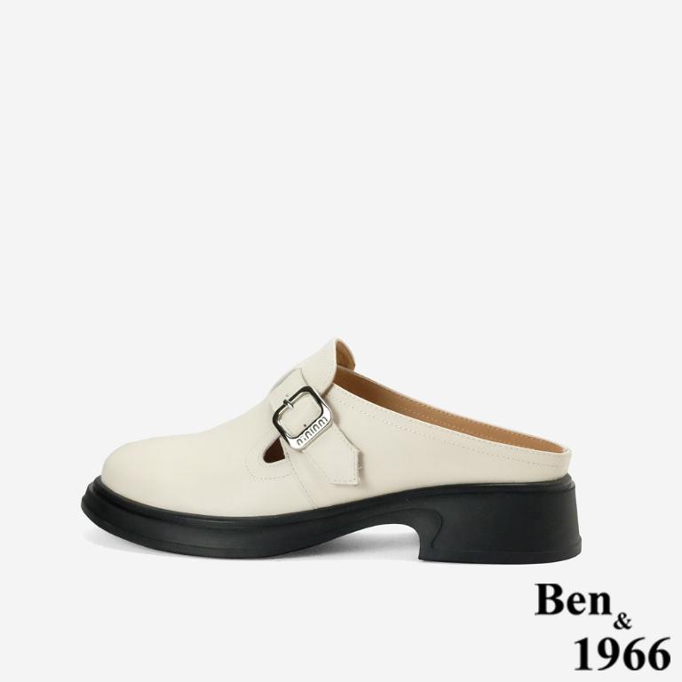 Ben&1966高級頭層牛皮簡約個性穆勒拖-米白(256482)