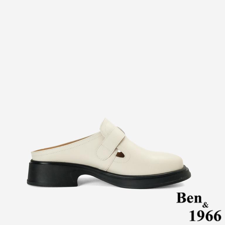 Ben&1966高級頭層牛皮簡約個性穆勒拖-米白(256482)