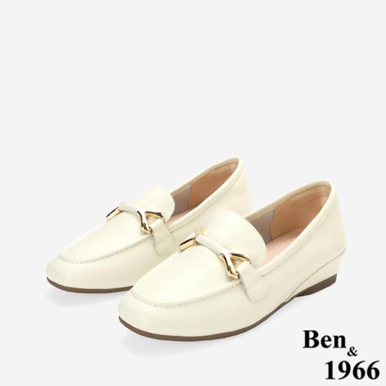 Ben&1966高級頭層牛皮舒適百搭增高樂福鞋-米白(256362)