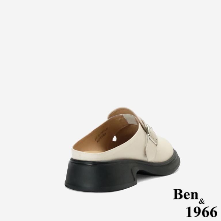 Ben&1966高級頭層牛皮簡約個性穆勒拖-米白(256482)