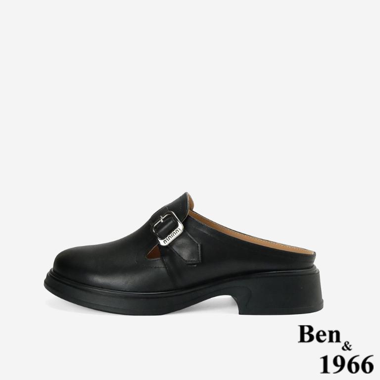 Ben&1966高級頭層牛皮簡約個性穆勒拖-黑(256481)