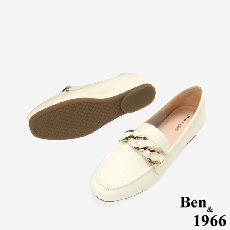 Ben&1966高級頭層牛皮金屬釦飾百搭增高樂福鞋-米白(256372)