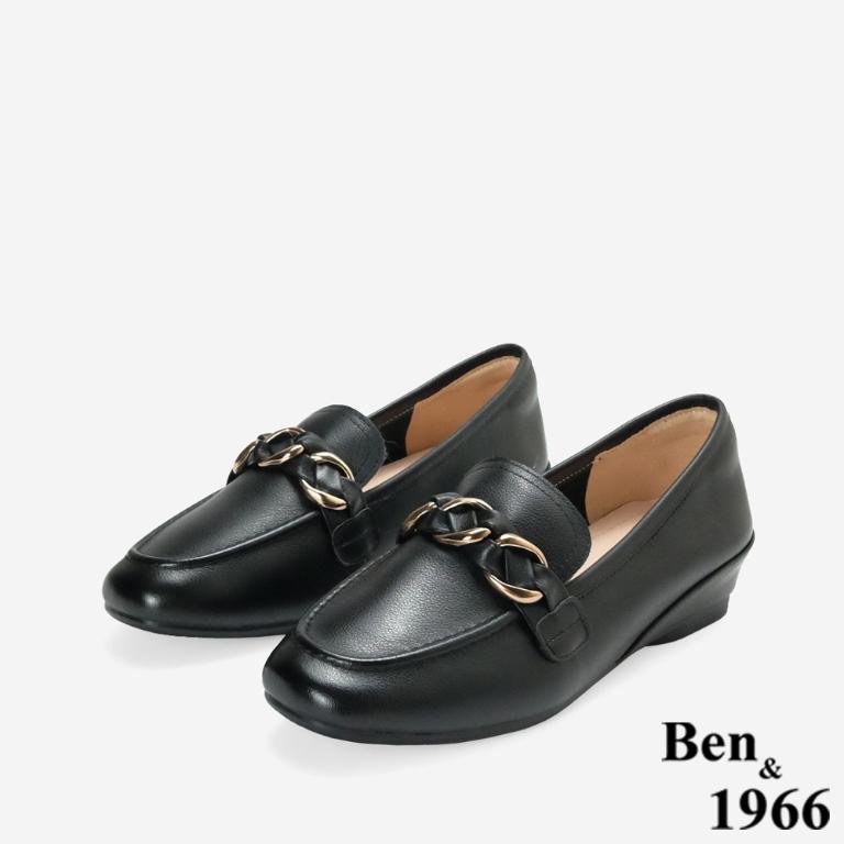 Ben&1966高級頭層牛皮金屬釦飾百搭增高樂福鞋-黑(256371)