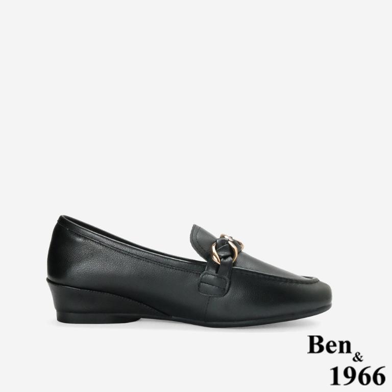 Ben&1966高級頭層牛皮金屬釦飾百搭增高樂福鞋-黑(256371)