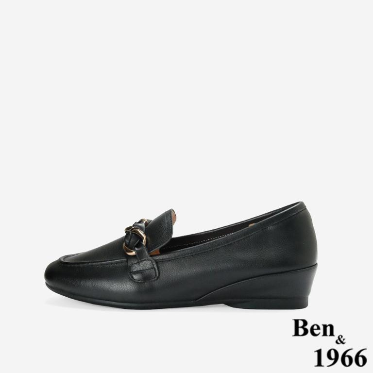 Ben&1966高級頭層牛皮金屬釦飾百搭增高樂福鞋-黑(256371)