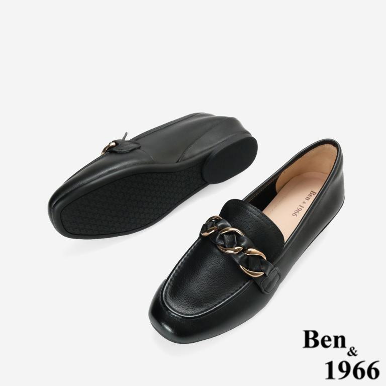 Ben&1966高級頭層牛皮金屬釦飾百搭增高樂福鞋-黑(256371)