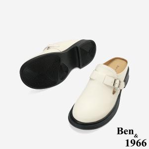 Ben&1966高級頭層牛皮簡約個性穆勒拖-米白(256482)