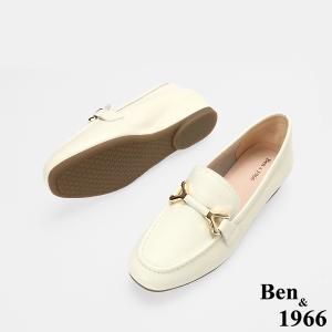 Ben&1966高級頭層牛皮舒適百搭增高樂福鞋-米白(256362)