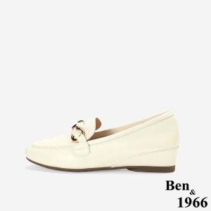 Ben&1966高級頭層牛皮金屬釦飾百搭增高樂福鞋-米白(256372)
