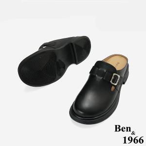 Ben&1966高級頭層牛皮簡約個性穆勒拖-黑(256481)