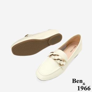 Ben&1966高級頭層牛皮金屬釦飾百搭增高樂福鞋-米白(256372)