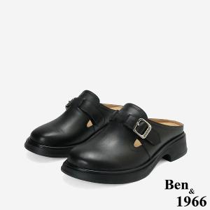 Ben&1966高級頭層牛皮簡約個性穆勒拖-黑(256481)