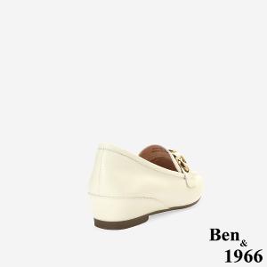 Ben&1966高級頭層牛皮金屬釦飾百搭增高樂福鞋-米白(256372)