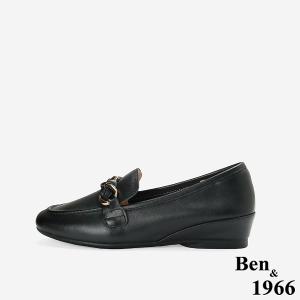 Ben&1966高級頭層牛皮金屬釦飾百搭增高樂福鞋-黑(256371)