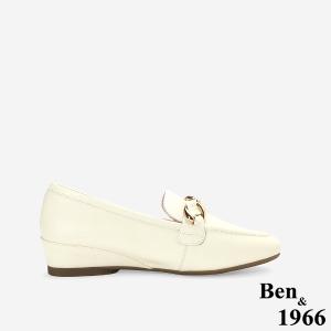 Ben&1966高級頭層牛皮金屬釦飾百搭增高樂福鞋-米白(256372)