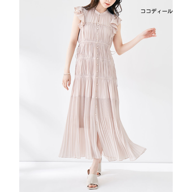 粉紅色細褶荷葉洋裝