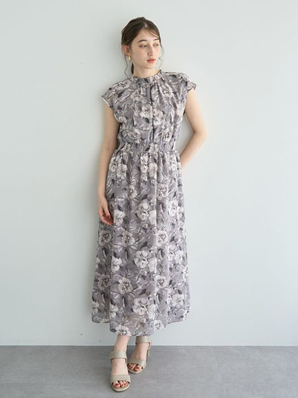 氣質花卉印花腰部縮褶立領連身洋裝