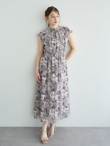 氣質花卉印花腰部縮褶立領連身洋裝