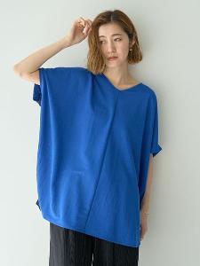 異素材拼接背後縮褶短袖V領上衣