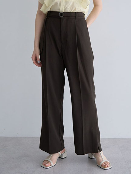 俐落打摺後鬆緊腰直筒長褲-附皮帶