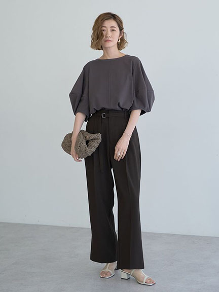 俐落打摺後鬆緊腰直筒長褲-附皮帶