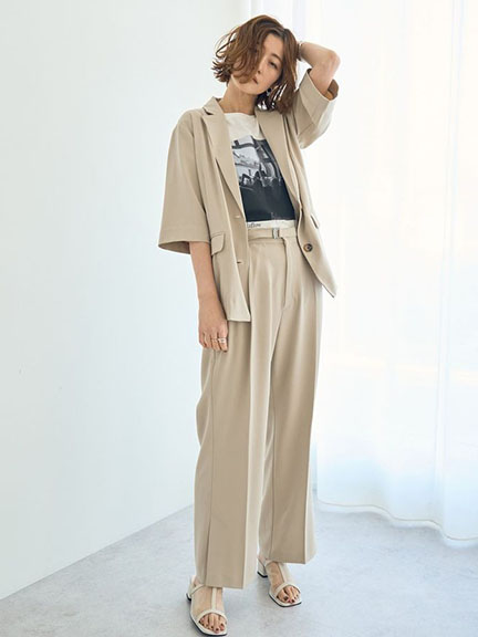 俐落打摺後鬆緊腰直筒長褲-附皮帶