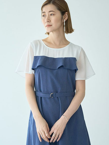 分層感荷葉邊寬袖腰帶造型連身洋裝