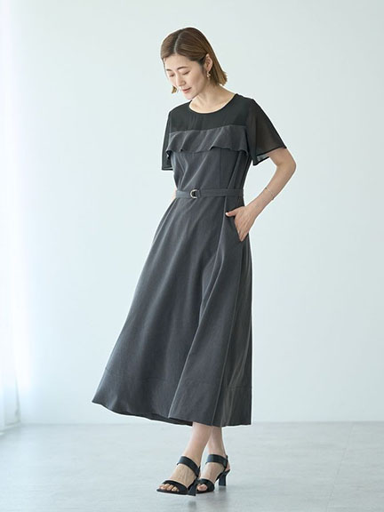 分層感荷葉邊寬袖腰帶造型連身洋裝